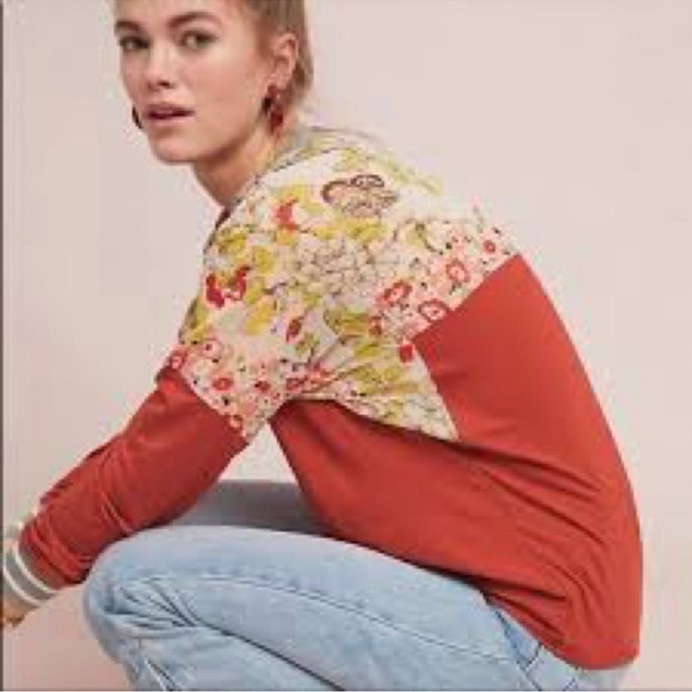 Anthropologie‎ Tiny Pippa Blouse Tie Sheer Floral Sleeves Burnt Orange Sz XS